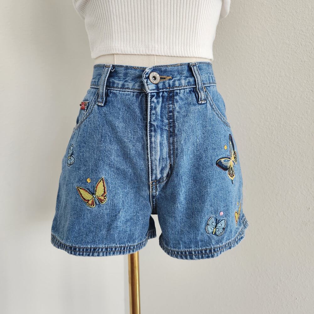 Vintage Y2K 90s Butterfly Embroidered Denim Jean Shorts Mid Rise No Excuses 2 4